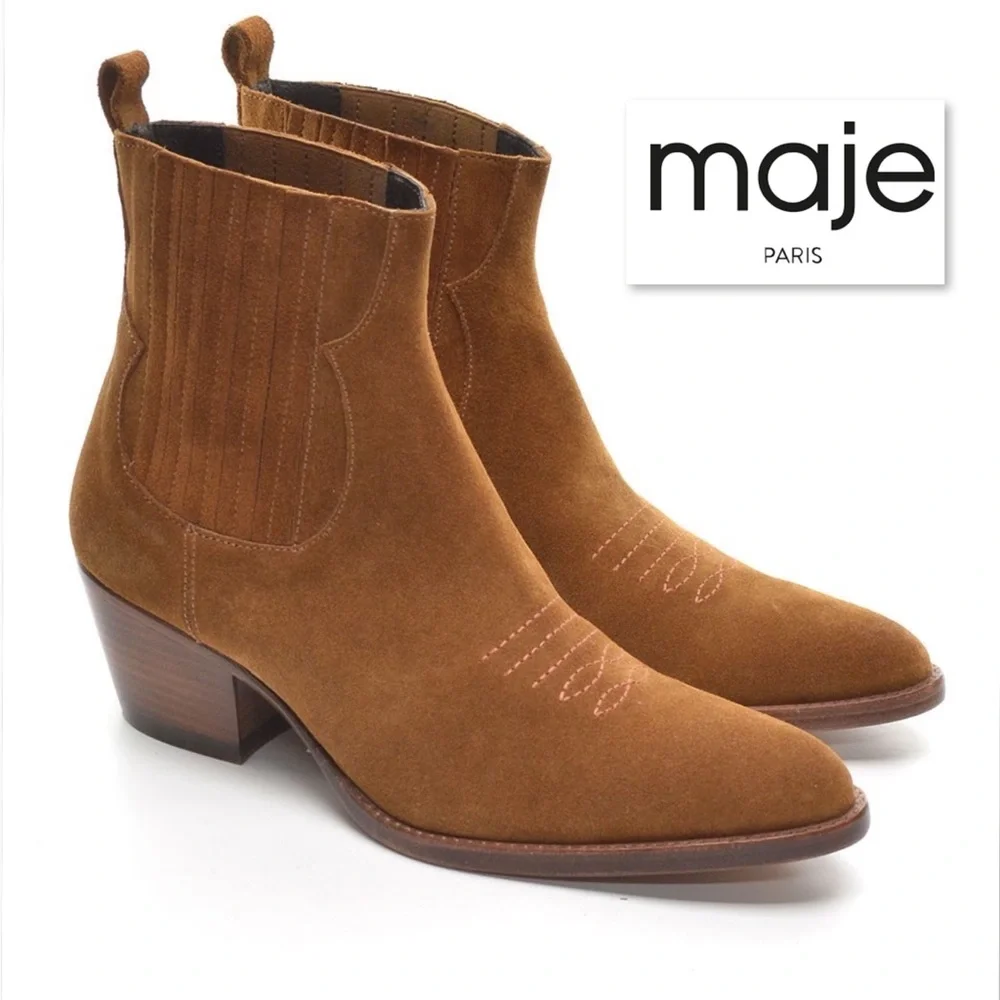 MAJE Farwest Suede Cowboy Boots Size 41 10.5 Tan Camel 70s Western Ankle Booties - Picture 2 of 16
